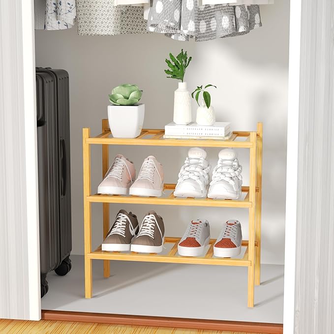 3-Tier Bamboo Small Shoe Rack, Free Standing Wood Shoe Shelf Storage Organizer for Closet Entryway Stackable (Natural)