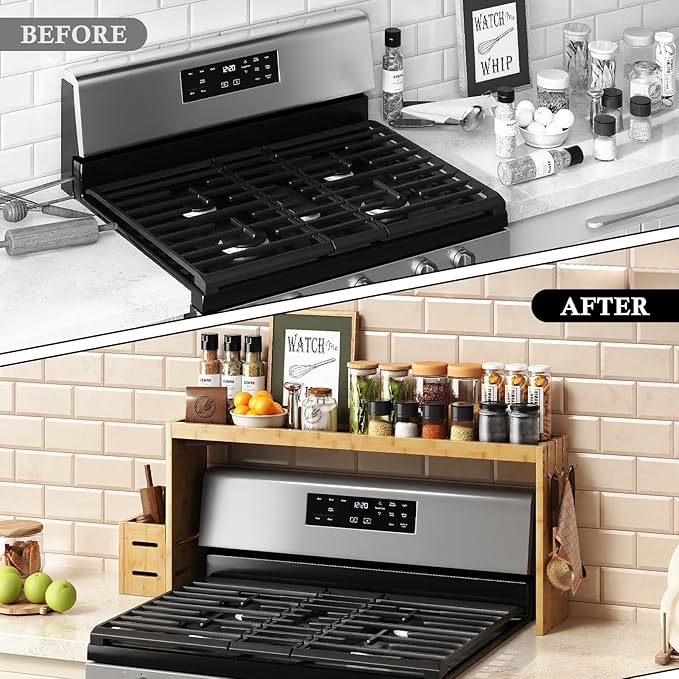 Bamboo Stove Shelf, Spice Shelf for Kitchen Stove, 31in Over the Stove Shelf, Stove Top Shelf for Back of Stove with EVA Kitchen Liner, Utensil Holder & 6 Hooks, for Over Stove