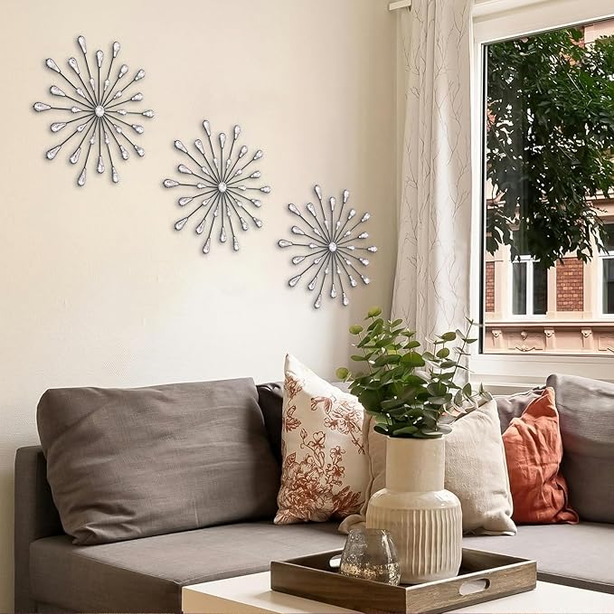 ZEXUIRU 3 Pack Black Sunburst Wall Decor – Metal Crystal Wall Art with Sparkling Rhinestones, 14’’/18 Inch Starburst Wall Hanging Set for Living Room Bedroom Bathroom – Modern Bling Home Decorations