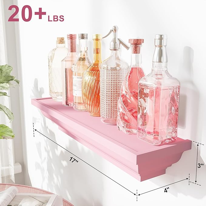 Alsonerbay Floating Shelves Wall Mounted Set of 2, Rustic Shelves for Wall Storage, 17 Inch Wood Shelves for Bedroom Living Room Bathroom, Pink