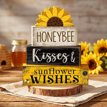 4 Pcs Summer Table Decor Wooden Sunflower Tiered Tray Decor Rustic Farmhouse Yellow Block Signs Gifts Summer Tabletop Centerpieces for Home Kitchen Coffee Bar Decorations