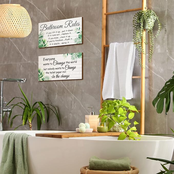 Jetec 2 Pieces Funny Bathroom Signs Bathroom Wall Decor Toilet Wall Accessories Farmhouse Toilet Rustic Wooden Signs, 12x6 Inch(Leaves Style)