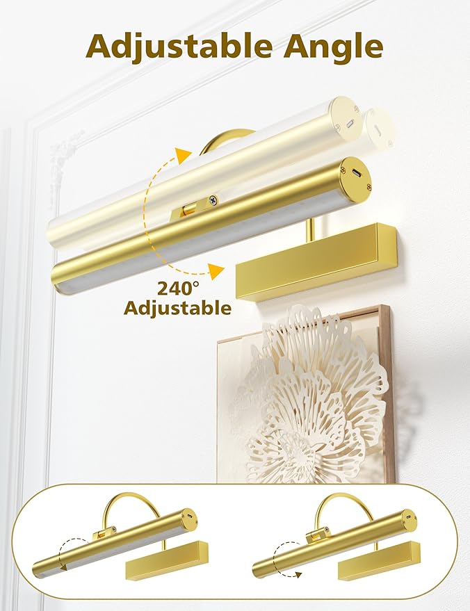 VOLISUN Picture Lights for Wall, 13 inch Rechargable Picture Light Battery Operated, 3 Color Temperatures Cordless Picture Light with Remote, Art Light for Paintings, Gallery, Portrait, 2 Pack (Gold)