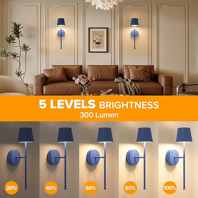 LUTEC Cordless Wall Sconces Set of 2, 5200mAh Wireless Rechargeable Battery Operated LED Wall Lamps, 3 Color Stepless Dimming Portables Lightings for Wall Painting/Living Room/Bedroom/Hallway Decor