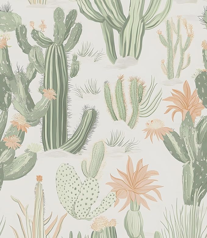 Cactus Wallpaper Peel and Stick, Beige Green Desert Succulent Botanical Contact Paper, 17.5" x 393.7" Floral Boho Wall Paper Self Adhesive Removable Waterproof for Bedroom Cabinet Drawer Table Decor