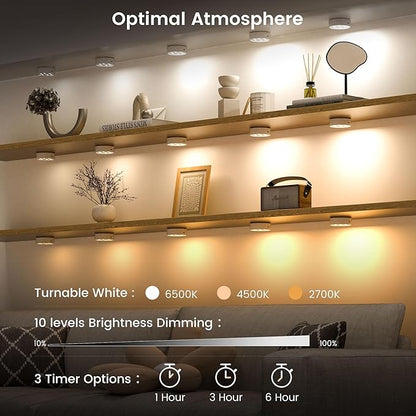 Onumii Rechargeable Under Cabinet Lighting Puck Lights with 2.4G Remote 2600mAh Sync and Groupable Color Changing Magnetic Stick on Tap Lights for Cabinet, Shelves, Display Case (6Pack White)