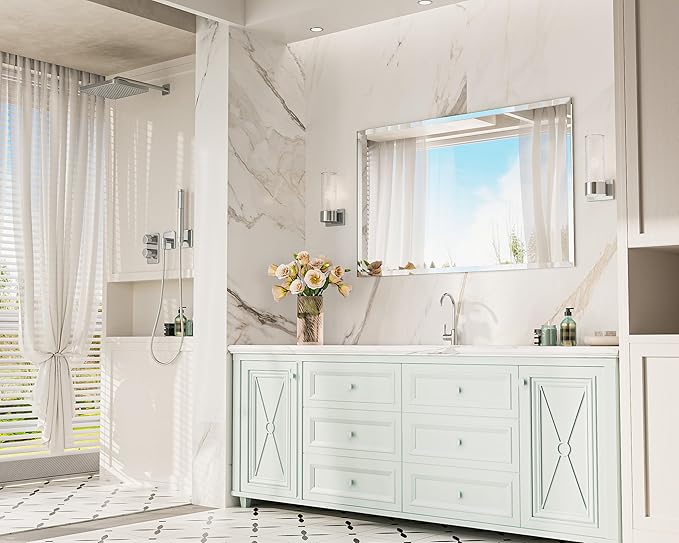 Keonjinn 48 x 30 Inch Bathroom Mirror Beveled, Rectangle Frameless Mirrors for Over Sink, Shatterproof, Modern Decorative for Living Room, Entryway, Bedroom, Horizontal/Vertical