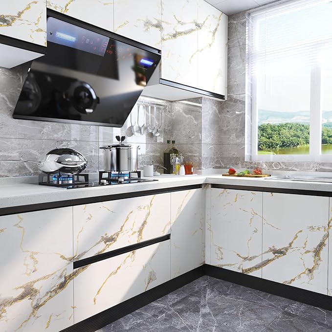 LACHEERY Thick White Marble Peel and Stick Wallpaper White and Gold Wallpaper for Kitchen Accent Wall Paper Counter Cover Peel and Stick Countertop Contact Paper Waterproof Matte Marble Roll 12