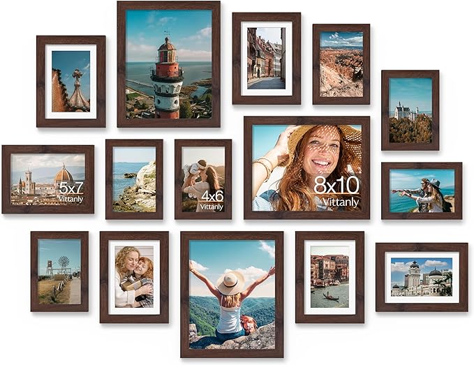 Vittanly 15 Pack Picture Frames Collage Wall Decor for Mounting or Tabletop Display, Gallery Frame Set for Family, Multi Sizes Including 3pcs 8x10, 6pcs 5x7, 6pcs 4x6, Light Brown