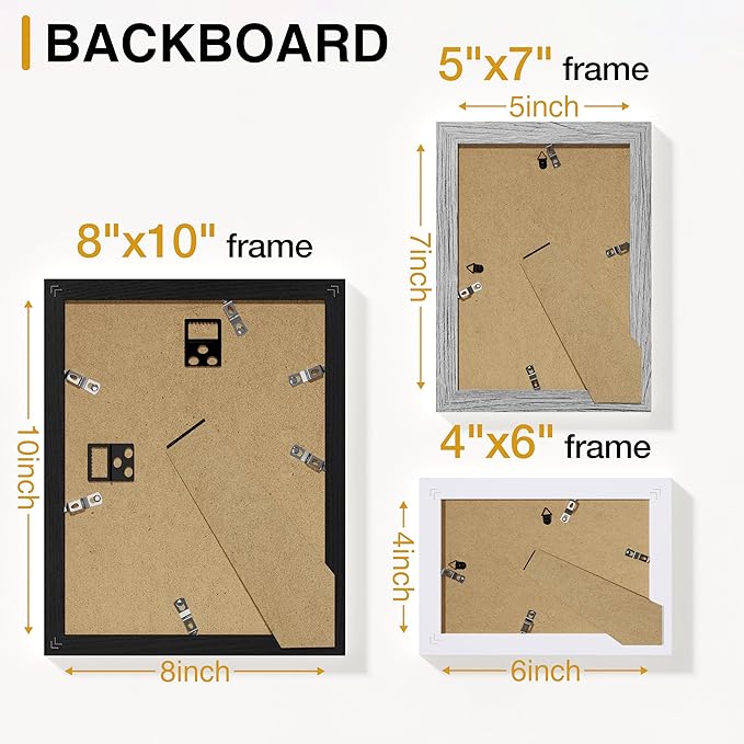 Vittanly 15 Pack Picture Frames Collage Wall Decor, Multi Sizes Including 3pcs 8x10, 6pcs 5x7 and 6pcs 4x6 Photo Frames, Gallery Frame Set for Wall or Tabletop Display, Black, Grey and White