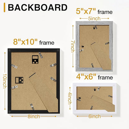 Vittanly Picture Frames Set of 10, Picture Frames Collage Wall Decor with Two 8x10, Four 5x7, and Four 4x6 Photo Frames, Gallery Wall Frame Set for Wall or Tabletop Display, Black, Grey and White