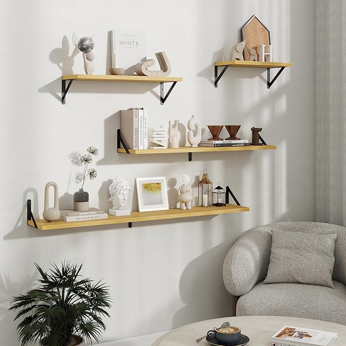 Floating Shelves, 8 Inch Deep Rustic Wood Wall Storage, 36W x 8D Wall Shelves Set of 2, Heavy Duty Metal Brackets, Industrial Book Shelf for Living Room, Kitchen, Bathroom, Bedroom, Oak
