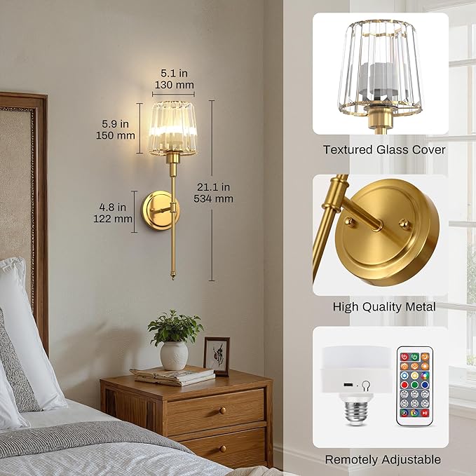 DORESshop Battery Operated Wall Sconce Set of 2, Wireless Wall Light, 15 Color Rechargeable Wall Sconces, Sconce Wall Decor Set of 2 for Bedroom, Living Room, Gold and Crystal, 24.6in