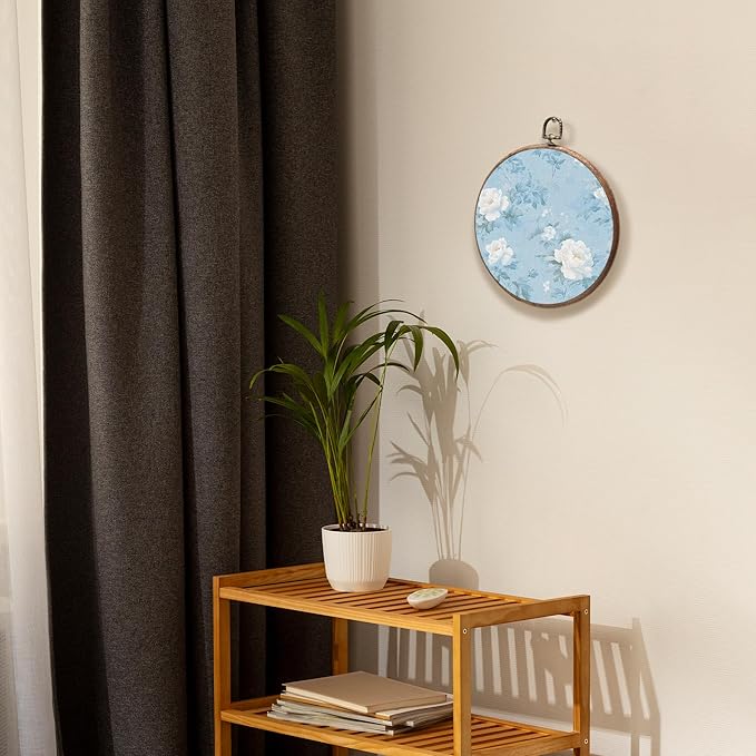 KSDUT Retro Aesthetic White Floral Wall Art Decor - Botanical Neutral Mid Century Modern Blue Wall Art Canvas Frame Hanging Prints, Vintage Landscape Round Wall Art Decor for Home Decorations 10