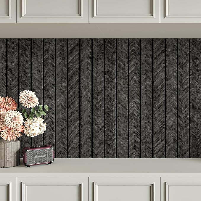Black Wood Panels for Wall Self Adhesive Wood Slat Wall Panel 11.8"x196" Soundproof Wooden Grain Contact Paper Herringbone Slat Shiplap Wallpaperf for Bedroom Dinner Backsplash Ceiling