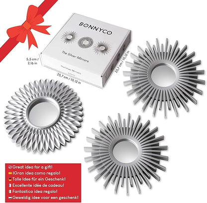 BONNYCO Wall Mirrors Pack of 3 Round Silver Mirrors for Home Decor, Bedroom and Room. Espejos Decorativos de Pared Sala Dormitorio, Circle Wall Decor Minimalist Vintage, Chic. Gifts for Women Mums