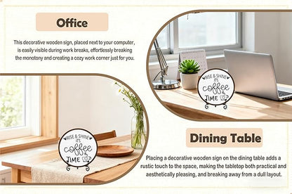 Coffee Desk Decor Sign, Farmhouse Wood Plaque, It Is Coffee Time Wood Sign, Cafe Lover Gifts, Decor For Home Kitchen Table Top, Wooden Round Decorations With Stand-14