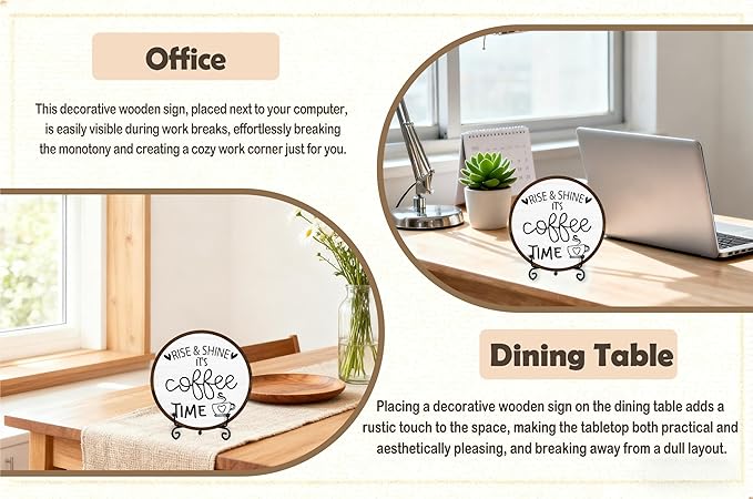 Coffee Desk Decor Sign, Farmhouse Wood Plaque, It Is Coffee Time Wood Sign, Cafe Lover Gifts, Decor For Home Kitchen Table Top, Wooden Round Decorations With Stand-14