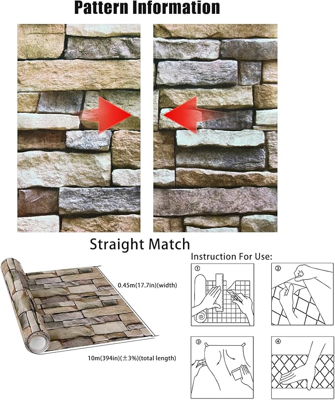 Yancorp 18"x120" Brick Wallpaper Peel and Stick Modern Stone Contact Paper Backsplash Self-Adhesive Wall Paper Kitchen Bedroom Accent Wall Brown Beige Removable Wallpaper