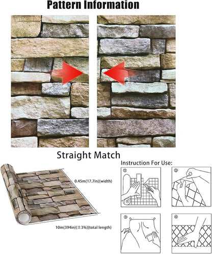 Yancorp 32.8ft Peel and Stick Wallpaper Stone Brick Wallpaper Self-Adhesive Backsplash Decorative Wallpaper Wall Covering