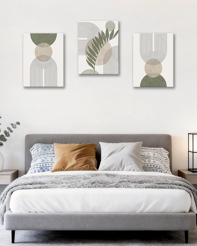 HesenDot 40x60CM Sage Green Boho Wall Art, Botanical Geometric Framed Canvas Bathroom Wall Art, Mid-Century Modern Wood Frame Abstract Prints for Living Room Bedroom Bathroom Home Decor, Set of 3