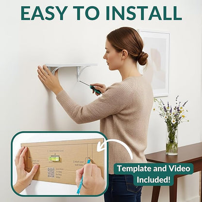 Reinforced Steel Bracket White Shelves for Wall - Easy to Install, Template and Video Included - Shelf with Brackets, White Bookshelf for Wall, Bathroom Shelves, Farmhouse Decor