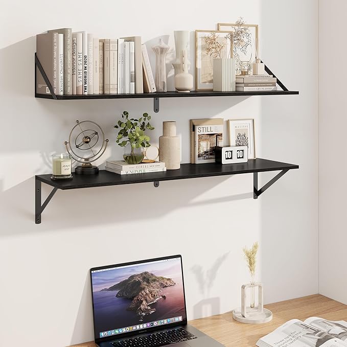 Heimlove Black Deep Floating Shelves for Wall, 36W x 8D Wood Wall Shelves Set of 2, Wide Floating Bookshelf for Living Room, Kitchen, Office, Bedroom and Decor Storage, with Metal Bracket - Black