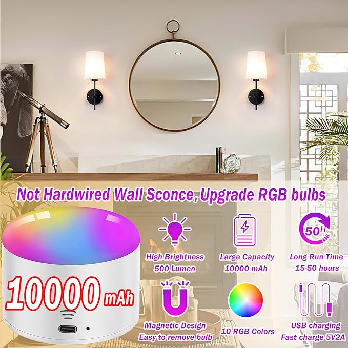 Battery Operated Wall Sconce Set of 2, Wireless Dimmable Battery Powered Wall Lamp with Remote Control, White Fabric Shade for Bedroom, Easy To Install, 3 Color Temp Bulb Included