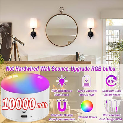 Battery Operated Wall Sconce Set of 2, Wireless Dimmable Battery Powered Wall Lamp with Remote Control, White Fabric Shade for Bedroom, Easy To Install, 3 Color Temp Bulb Included