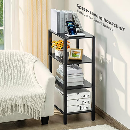 4 Tier Tall Wooden Bookshelf with Storage - Small Bookcase for Small Spaces, Shelf for Living Room, Office, Bedroom, Kitchen - Industrial Modern Black Book Shelf