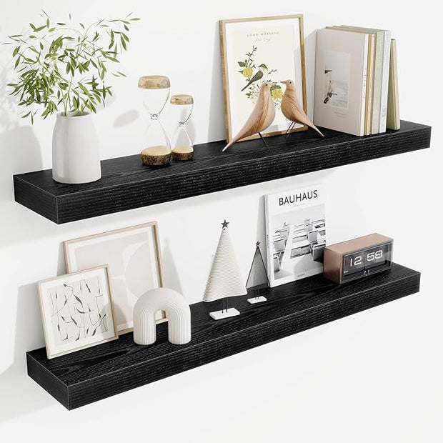 Fun Memories Floating Shelves for Room Wall, 36 Inch Long Shelf Set of 2， Hanging Wood Shelves for Storage & Display, Black