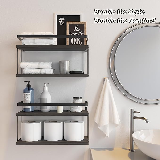 RICHER HOUSE Dual-Level Guardrail Floating Shelves, Rustic Wood Bathroom Shelf Wall Mounted, Over Toilet Paper Storage Shelves for Wall Decor, Bathroom Organizers - Black