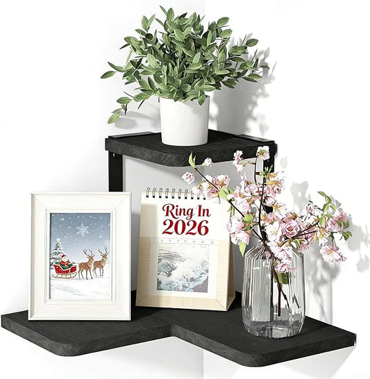 SRIWATANA Rustic Corner Shelf Wall Mounted, 2-Tier Floating Wall Shelves for Bedroom, Living Room, Bathroom, Black