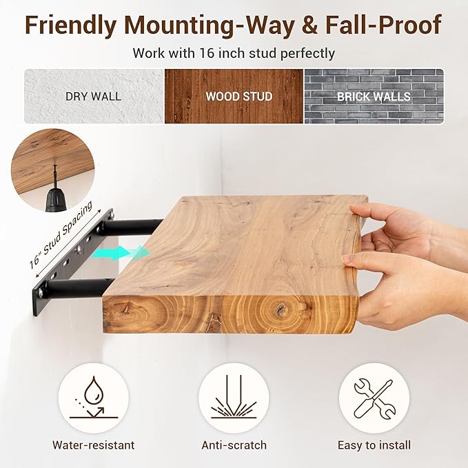 fuqing Live Edge Floating Shelves for Wall - Solid Elm Wood Floating Shelves 48 Inch - 9 Inch Deep Natural Wooden Wall Shelves with Heavy Duty Metal Brackets and Anchors