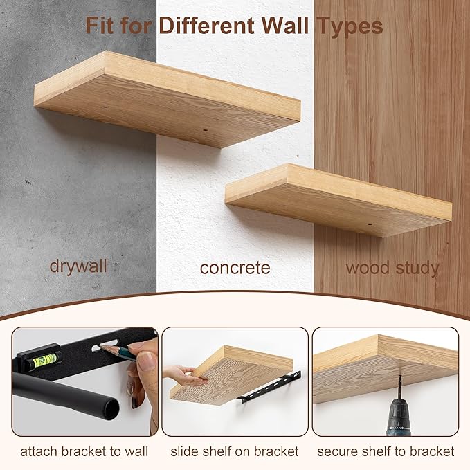 RICHFOCUS Floating Shelves for Wall | 36W x 9.3D Rustic Floating Shelves with Solid Ash Wood Veneer Set of 2 | Wood Wall Shelves with Upgraded Brackets | for Living Room Bathroom Home Office