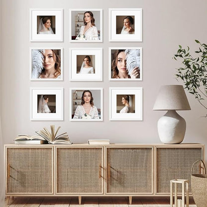 12x12 Picture Frame Set of 9, Display Pictures 8x8 with Mat or 12x12 without Mat, Multi Collage Gallery Square Photo Frames for Wall or Tabletop, White