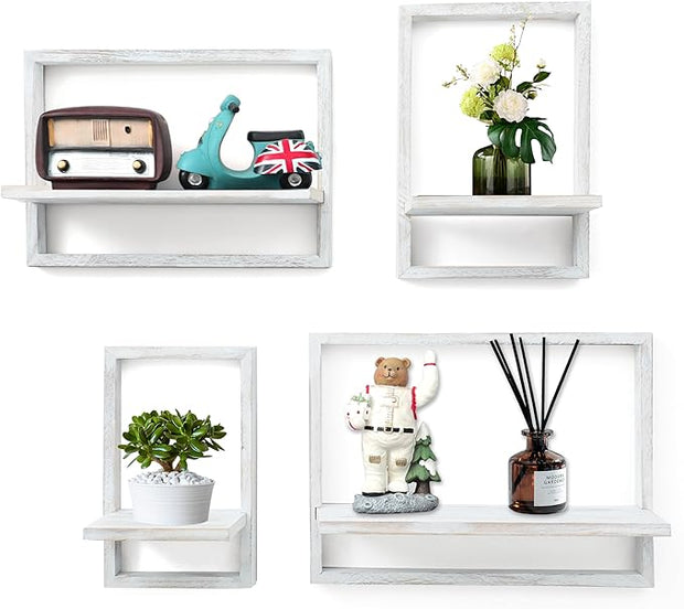 PHOENANCEE Square Floating Shelves,Framed Wall Shelf Decorative Set of 4,Modern Plants Hanging Display Art Decor Storage for Livingroom Bedroom Bathroom Farmhouse,Home Light Wood,Rustic White