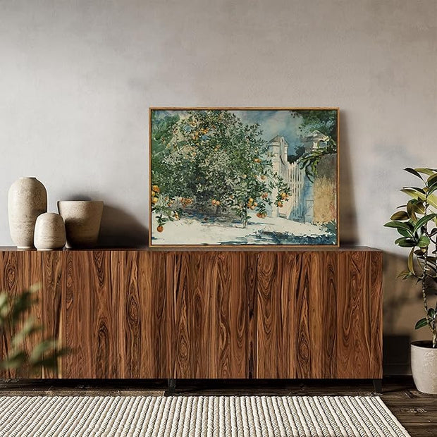 OIQArtOIQ Framed Vintage Landscape Wall Art Orange Trees Still Life Oil Painting Canvas Prints Country Farmhouse Aesthetic Decor Pictures for Kitchen Bedroom Living Room Bathroom