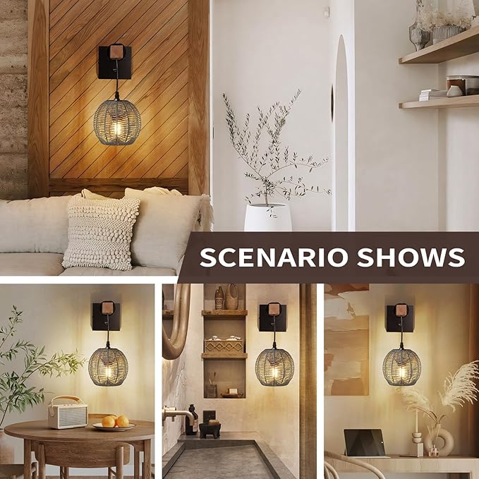 N01 100% Dimmer Wall Sconce with Hand Woven Rattan Boho Wall Lamp Farmhouse Wall Mount Light Fixture Plug in Wall Sconces for Bedroom Living Room Kitchen