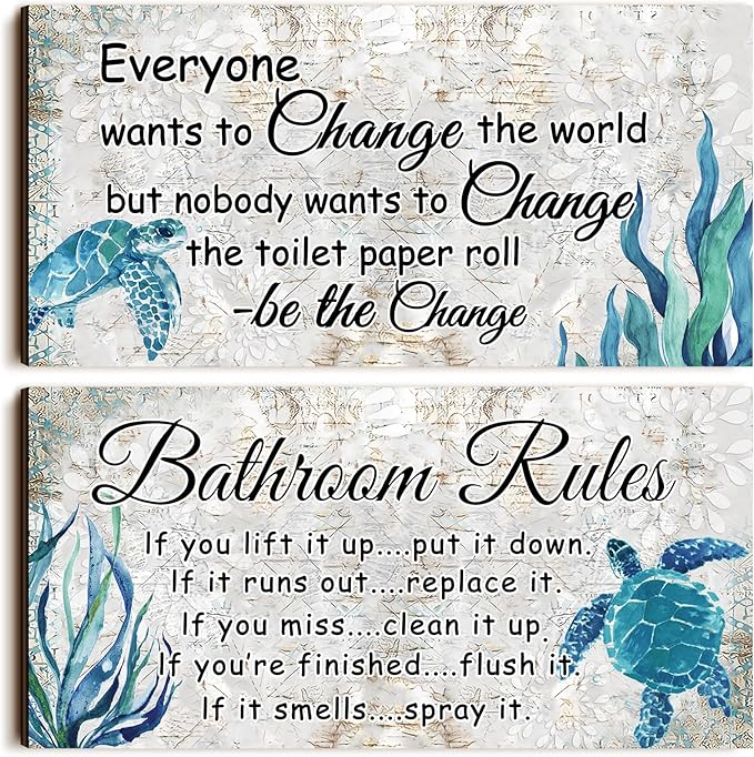 Jetec 2 Pieces Funny Bathroom Signs Bathroom Wall Decor Toilet Wall Accessories Farmhouse Toilet Rustic Wooden Signs, 12x6 Inch(Sea Turtles Style)