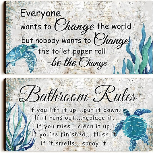 Jetec 2 Pieces Funny Bathroom Signs Bathroom Wall Decor Toilet Wall Accessories Farmhouse Toilet Rustic Wooden Signs, 12x6 Inch(Sea Turtles Style)