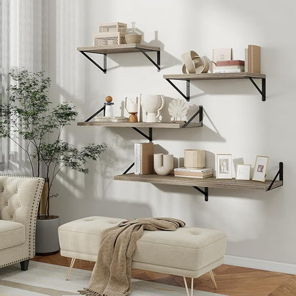 Floating Shelves, 12 Inch Deep Rustic Wood Wall Storage, 24W x 12D Wall Shelves Set of 2, Heavy Duty Metal Brackets, Large Industrial Book Shelf for Living Room, Kitchen, Bedroom, Grey