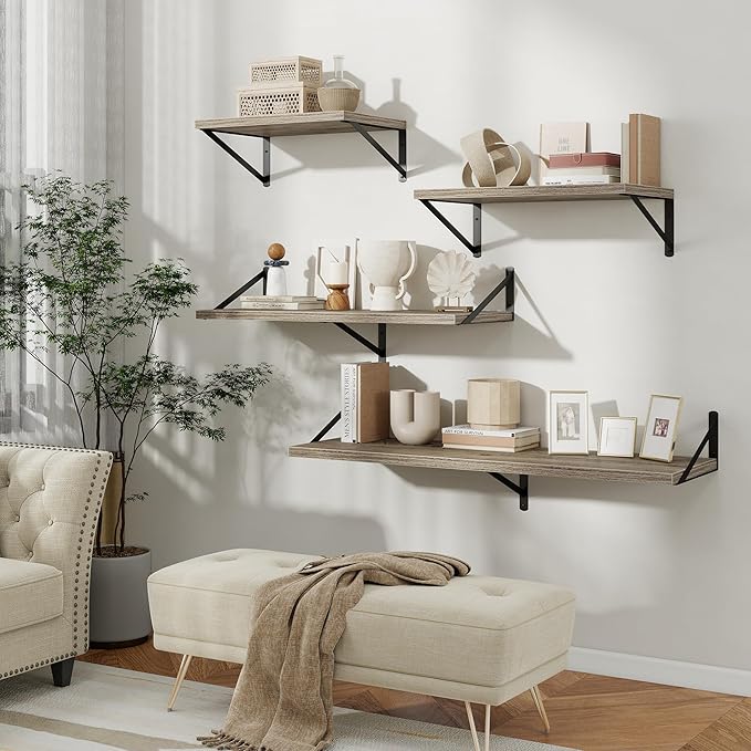 Floating Shelves, 12 Inch Deep Rustic Wood Wall Storage, 48W x 12D Wall Shelves Set of 2, Heavy Duty Metal Brackets, Large Industrial Book Shelf for Living Room, Kitchen, Bedroom, Grey