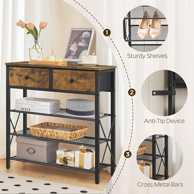 4 Tier Shoe Rack, Large Capacity Shoe Storage Organizer, Metal Shoe Shelf with Drawer and Wooden Top, for 16 Pairs of Shoes, for Entryway, Closet, Rustic Brown and Black SS24BR