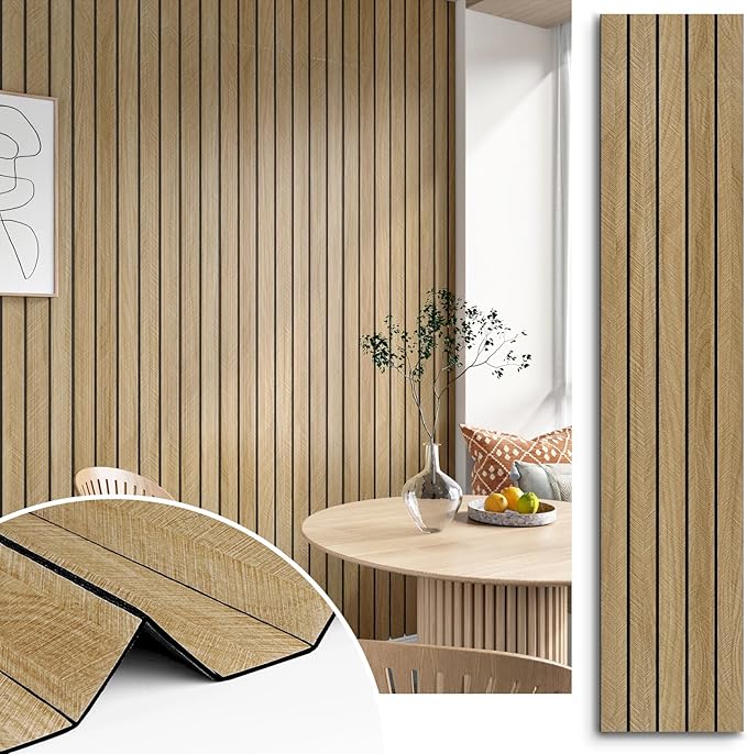 3D Brown Wood Wall Panels 200"x12" Acoustic Slat Wall Paneling Peel and Stick Wood Panels Self Adhesive Flexible Veneer Wooden Slats Wallpaper for Bedroom Living Room Workshop Wall Decor