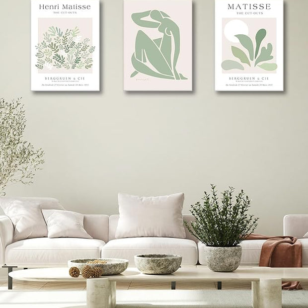 Matisse Sage Green Framed Wall Art,Abstract Green Canvas Wall Decor.12x16in Plants Botanical Poster Prints,Minimalist Classic Home Decoration for Living Room Bedroom Bathroom Office,Set of 3