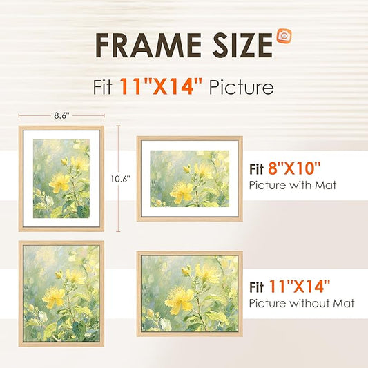 FIXSMITH 11x14 Picture Frame Bulk-4 Pack, Photo Frame with HD Plexiglass, Display Pictures 8x10 with Mat or 11x14 Without Mat, Natural Picture Frames Collage Wall Decor, Gallary Wall Frame