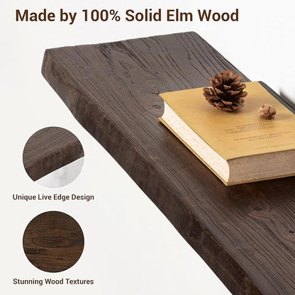 fuqing Live Edge Floating Shelves for Wall - Rustic Solid Elm Wood Floating Shelves 24 Inch - 9 Inch Deep Natural Wooden Wall Shelves with Upgraded Heavy Duty Brackets and Anchors