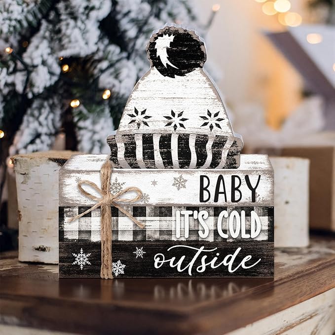 Geelin 4 Pcs Winter Tiered Tray Decorations Wooden Book Stack Signs, Rustic Farmhouse "baby It's Cold Outside" Holiday Winter Decor for Table Shelf Mantel Entryway Home Decorations