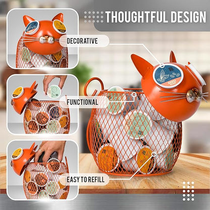 Made Easy Kit Coffee Pod Basket Organizer Useful Decor - Compatible with Keurig K-Cup Pods - Home Coffee Bar Functional Decoration - Café Station Countertop Freestanding Storage (Orange Cat)